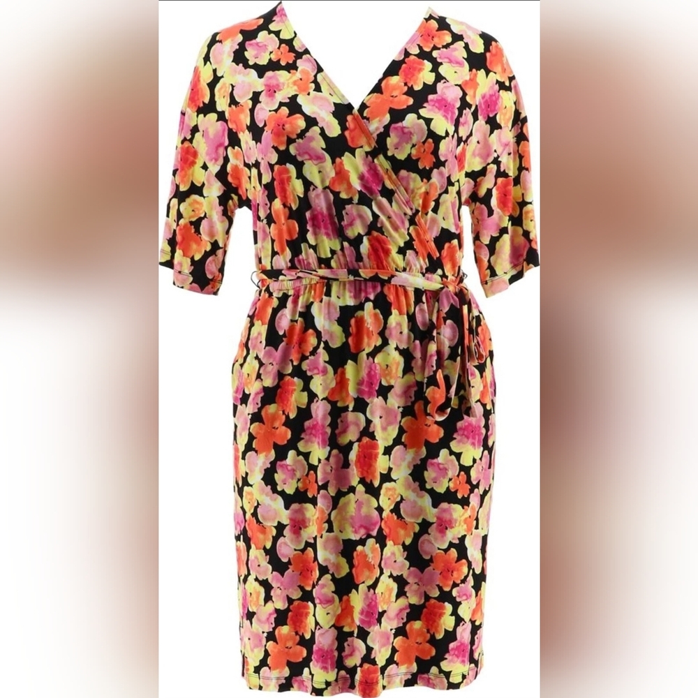 J Jason Wu Knit Printed Floral Wrap Dress Blackpink Orange  Floral Size XL - Picture 4 of 16